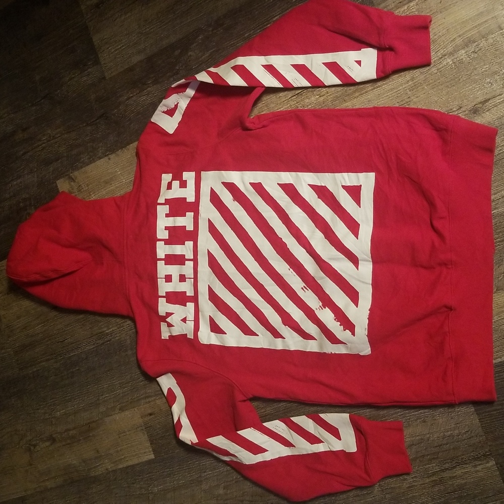 Off-White Medium Mens Red Full Zip Up Hoodie with White Stripes
